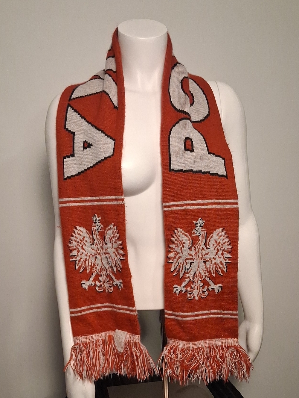 Red and White Knit Polska Scarf with Eagle Motif